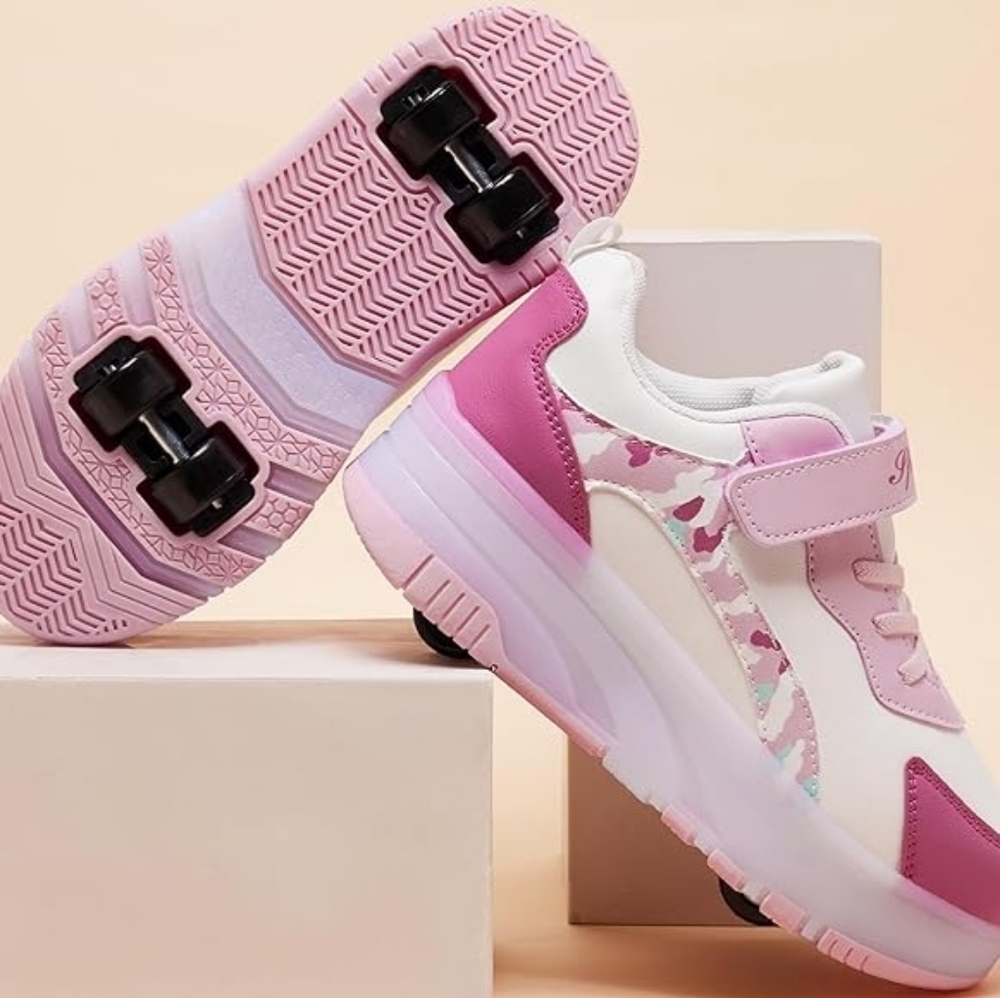 LED Roller Skates Shoes 4 Wheel Skating Pink and White Light-Up Size 1 - Picture 4 of 11